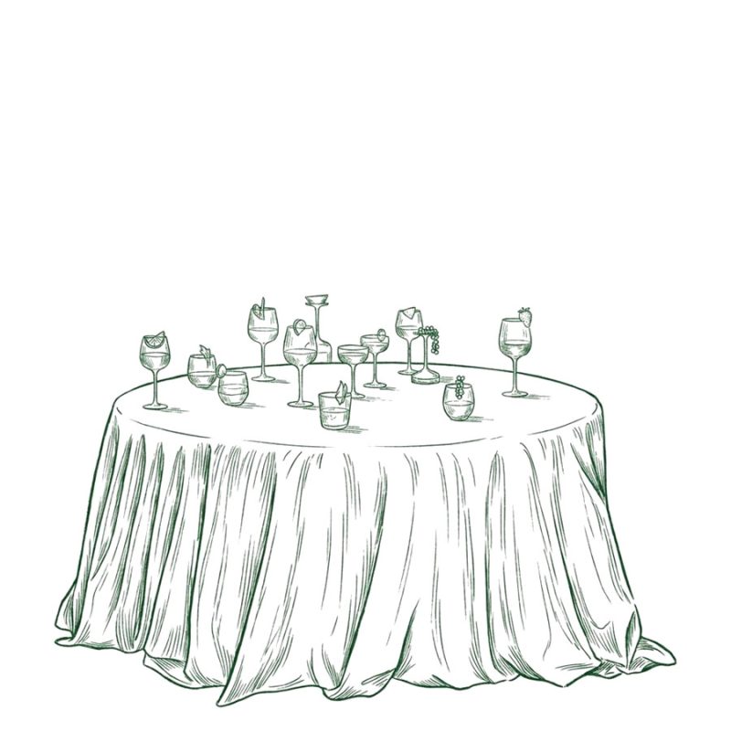 Illustration : table nappée dressée de verres