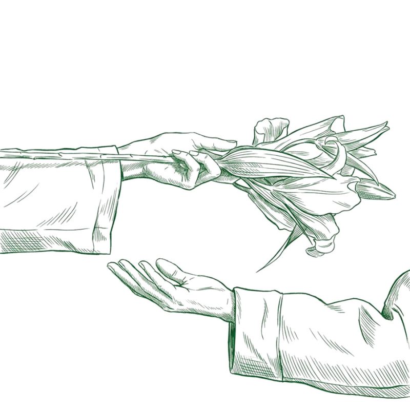 Illustration : deux mains échangeant un bouquet de fleurs
